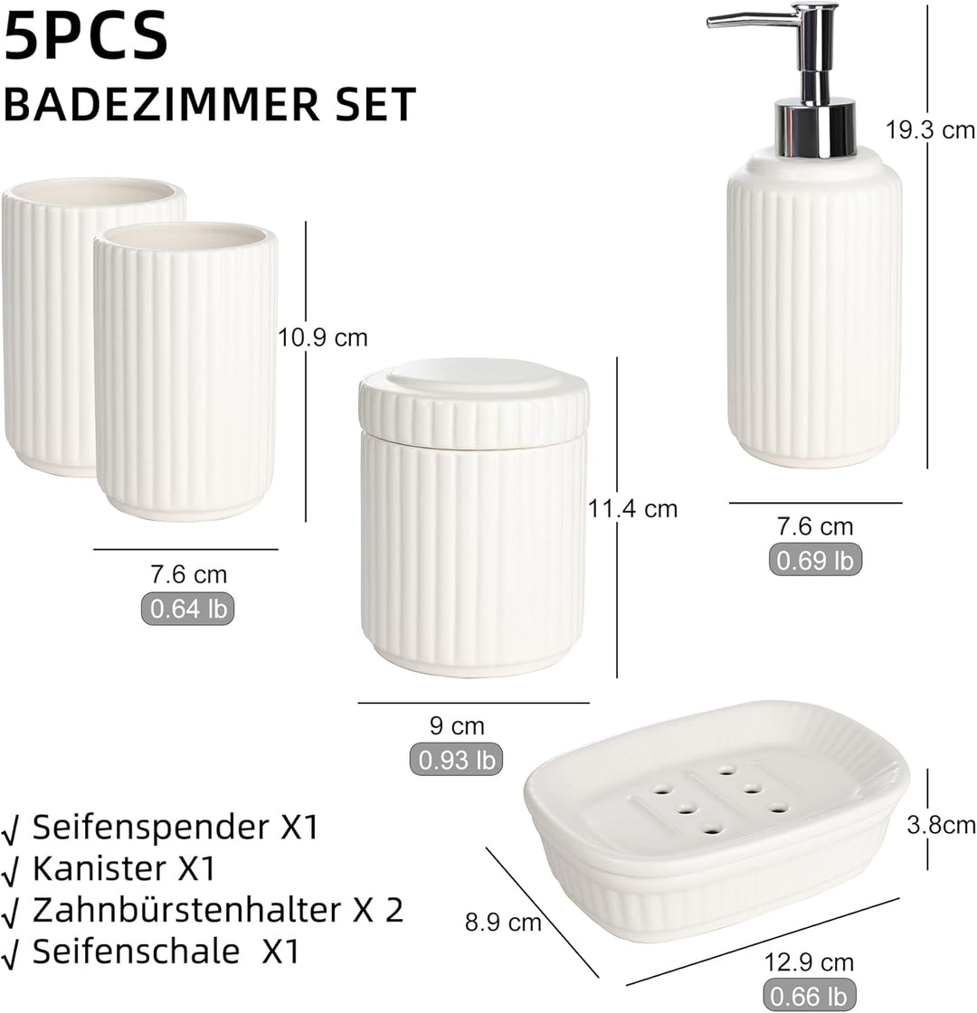 NOVAJOY Badezimmer Set Keramik – 5 Teile, Badezimmer Organizer mit Seifenspender, Seifenschale, Zahn