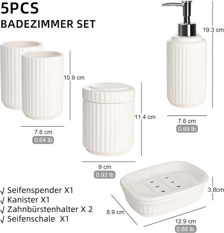 NOVAJOY Badezimmer Set Keramik – 5 Teile, Badezimmer Organizer mit Seifenspender, Seifenschale, Zahn