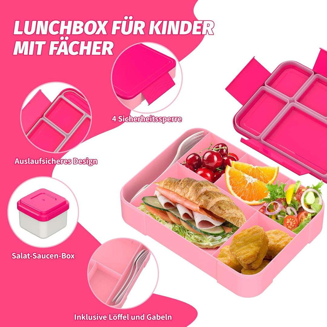 SWVIODMT Brotdose Kinder mit Fächern, 1300ml Lunchbox Kinder, Bento Box mit 5 Fächern Besteckset, Au