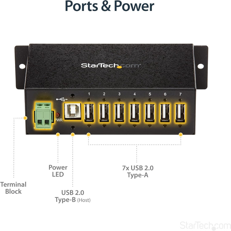 StarTech.com 7 Port USB 2.0 Hub - Industrieller USB-A Hub aus Metall mit ESD und 350W Überspannungss