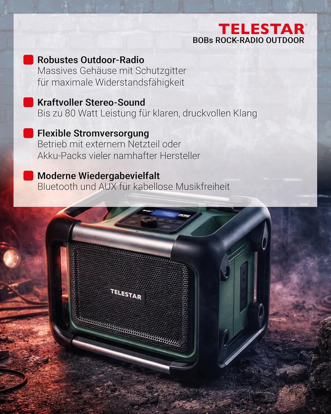TELESTAR BOBs Rock Radio Outdoor – Baustellenradio (Robustes Radio mit DAB+, Bluetooth Audio-Streami