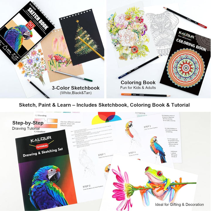 KALOUR PDAS 112 Zeichenset, Skizzierset, Pro Art Supplies mit 3-Farben-Skizzenbuch und Malbuch, Neon