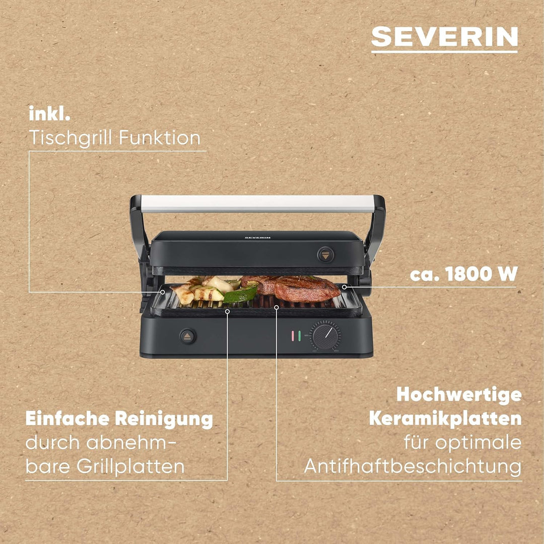 SEVERIN SEVINI Lite, Kontaktgrill für Fleisch, Fisch & Gemüse, Keramikbeschichteter Sandwich-Maker f