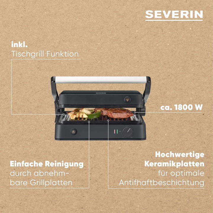 SEVERIN SEVINI Lite, Kontaktgrill für Fleisch, Fisch & Gemüse, Keramikbeschichteter Sandwich-Maker f