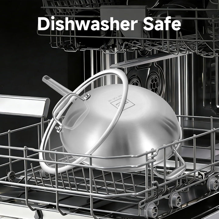 Inqibee Edelstahlpfanne 34cm Bratpfanne mit Deckel, Unbeschichtete Wok Pfanne für Induktion &amp; Gasher