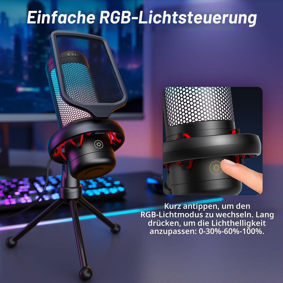 TONOR Gaming Mikrofon PC, USB Microphone für Computer PS4/5, Kondensatormikro mit RGB-Modi &amp; Helligk