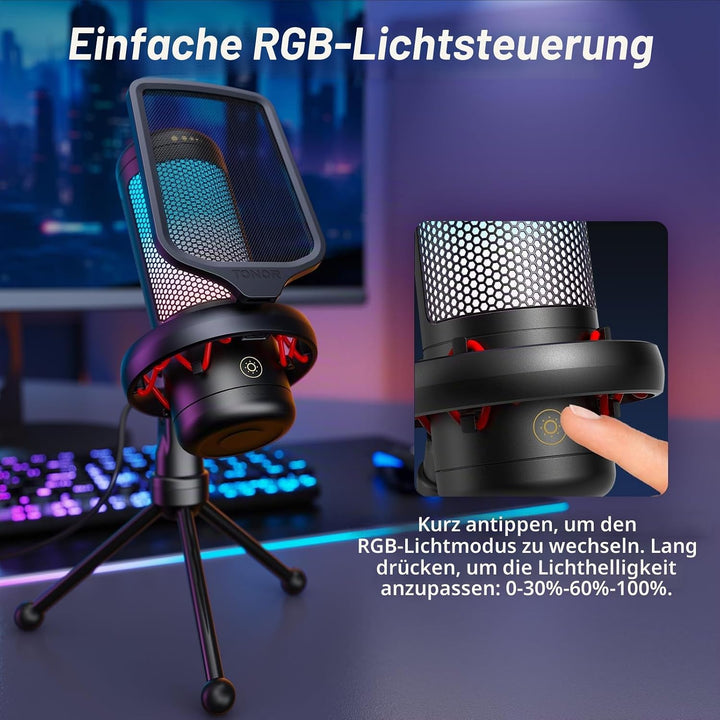 TONOR Gaming Mikrofon PC, USB Microphone für Computer PS4/5, Kondensatormikro mit RGB-Modi &amp; Helligk
