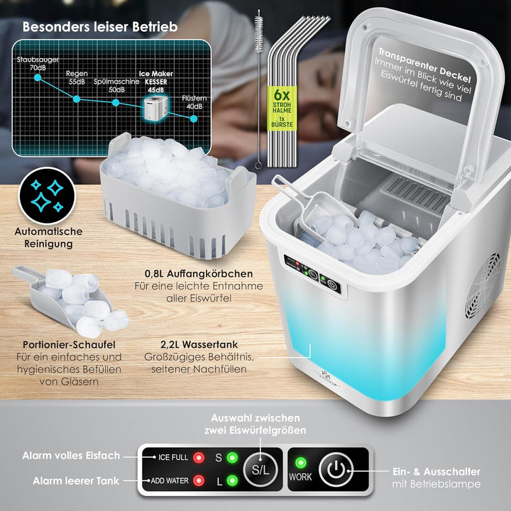 KESSER® Eiswürfelbereiter | Eiswürfelmaschine Edelstahl | Ice Maker | 12 kg 24 h | Zubereitung in 7