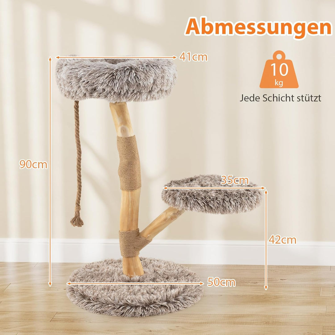 COSTWAY 90 cm Kratzbaum Holz, Katzenbaum mit 3 Plüschsitzflächen, Seil & Kratzpfosten aus Jute, Katz