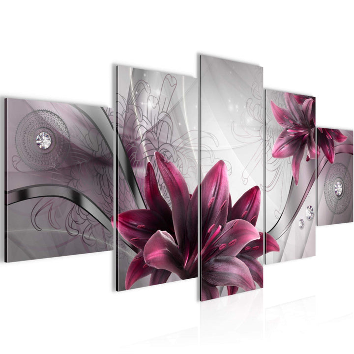 Runa Art Wandbilder Blumen Lilien 5 Teilig Bild auf Vlies Leinwand Deko Wohnzimmer Abstrakt Grau Rot