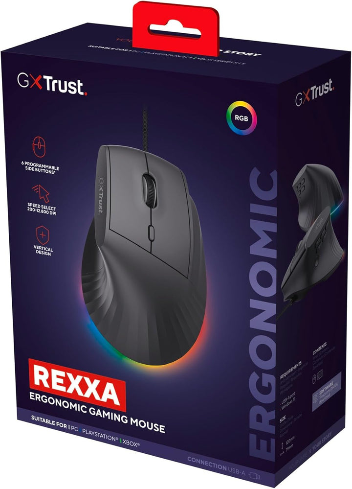 GXTrust 145 Rexxa Vertikale Gaming Maus mit Programmierbaren Tasten, 12.8k DPI, Ergonomische Maus mi
