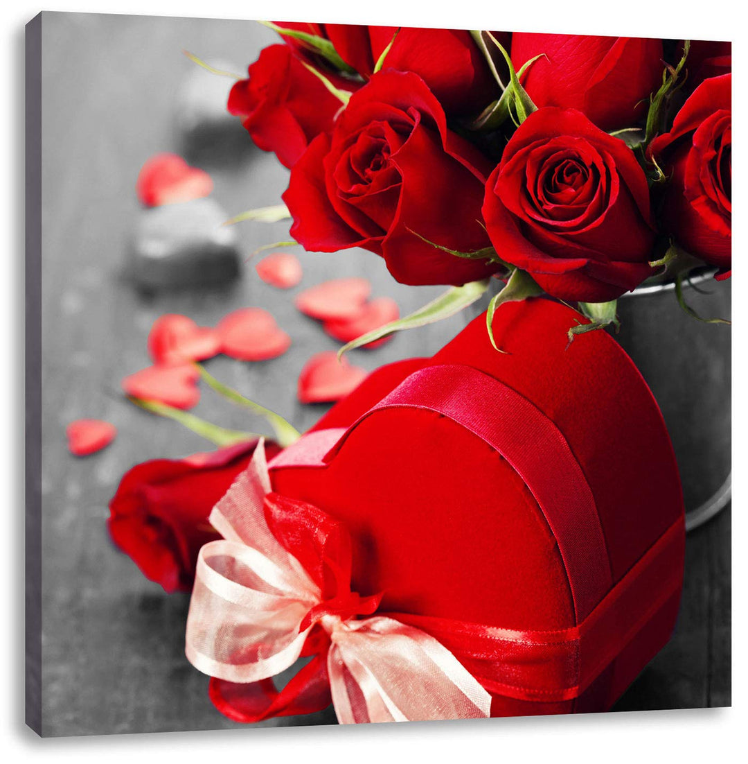 Pixxprint Valentinstag Rosen & Herz als Leinwandbild/Grösse: 70x70 cm/Wandbild/Kunstdruck/fertig bes