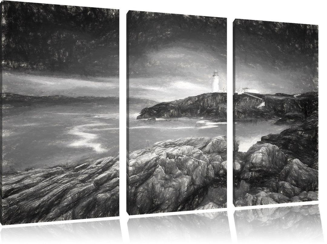 Pixxprint Leuchtturm im Meer Kohle Effekt 3-Teiler Leinwandbild 120x80 Bild auf Leinwand
