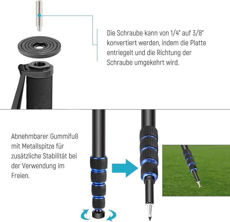 Neewer Ausziehbares Einbeinstativ für Kamera mit Abnehmbarer und Faltbarer Halterung: aus Aluminiuml