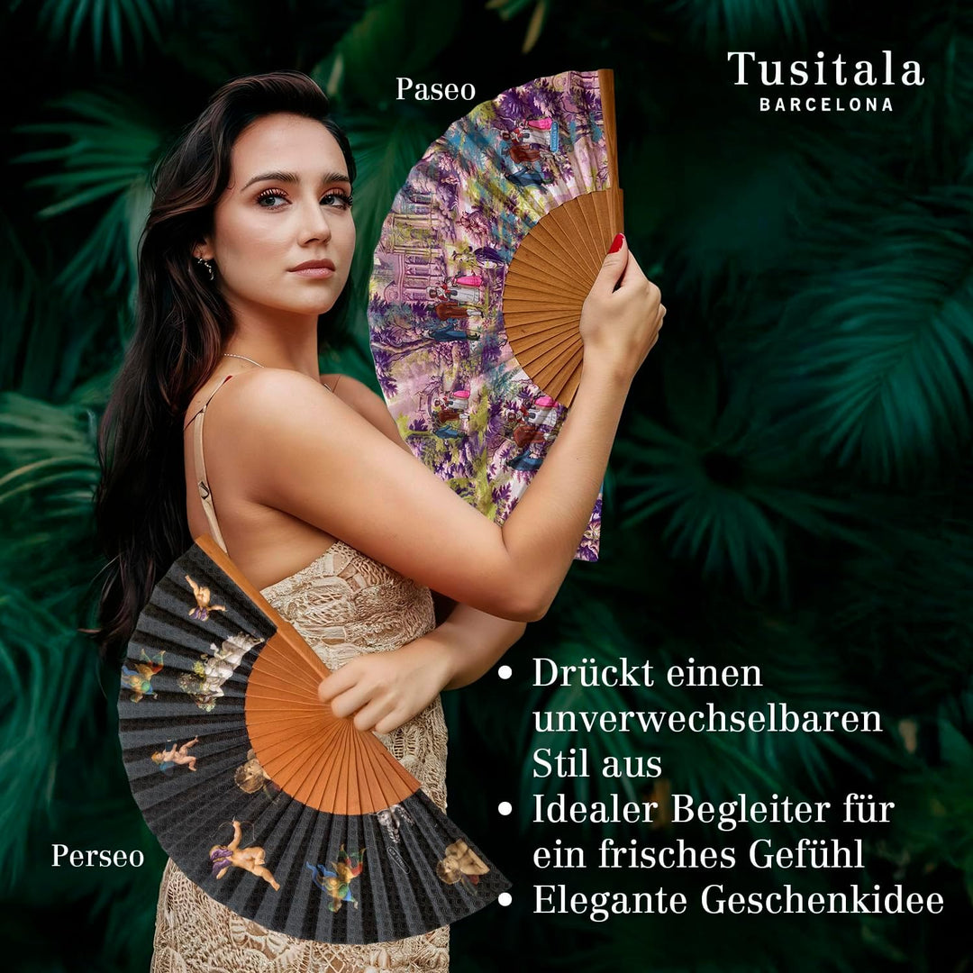Tusitala Barcelona Venus Handfächer – Aus Holz und Baumwolle - 100% spanisches Handwerk - Inklusive