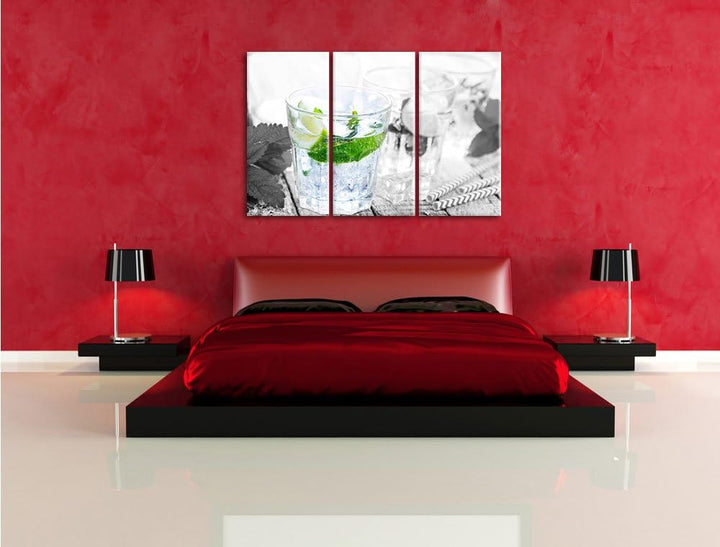 Pixxprint Mojito-Gläser mit Minze B&W Detail 3-Teiler Leinwandbild 120x80 Bild auf Leinwand