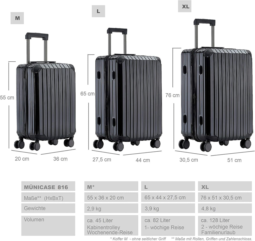 Münicase M816 TSA-Schloss, Dehnungsfuge, Teleskopgriff, Reisekoffer mit 4 Rollen, Hartschale, Grosse