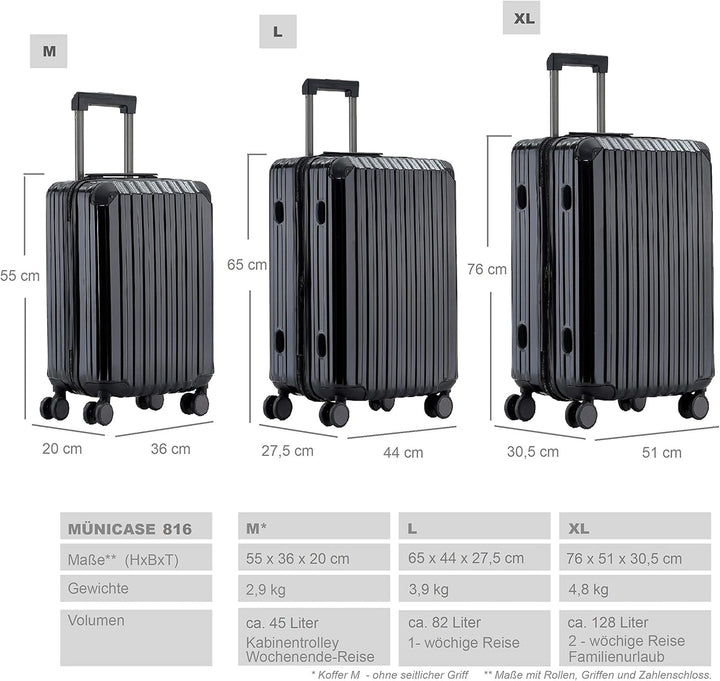 Münicase M816 TSA-Schloss, Dehnungsfuge, Teleskopgriff, Reisekoffer mit 4 Rollen, Hartschale, Grosse