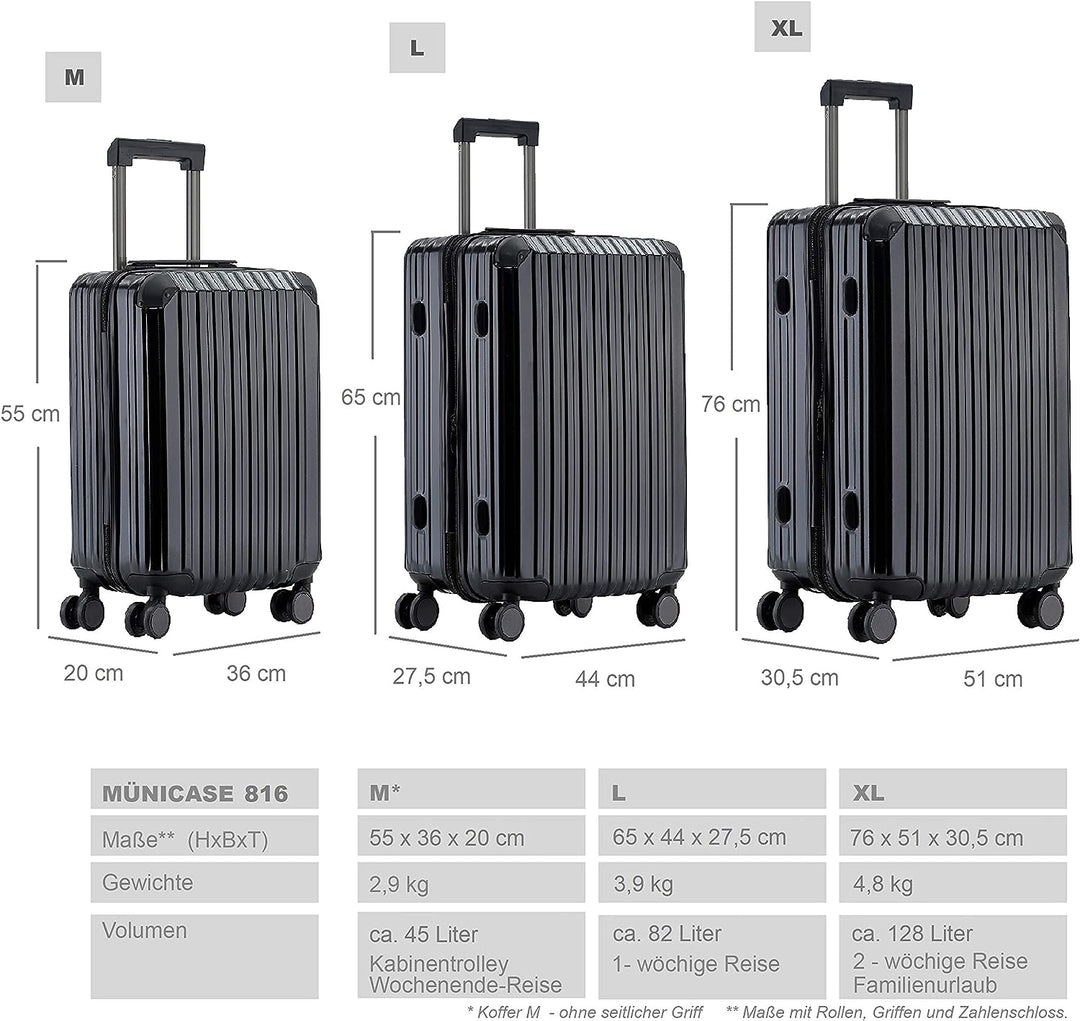Münicase M816 TSA-Schloss Koffer Reisekoffer Trolley Kofferset Hardschale Boardcase Handgepäck (Schw