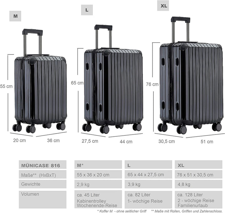 Münicase M816 TSA-Schloss Koffer Reisekoffer Trolley Kofferset Hardschale Boardcase Handgepäck (Schw