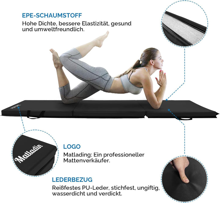 Bonnlo Turnmatten dick, 5-fach faltbare Yogamatte, rutschfeste PU&amp;EPE-Fitnessmatte, klappbare Übungs