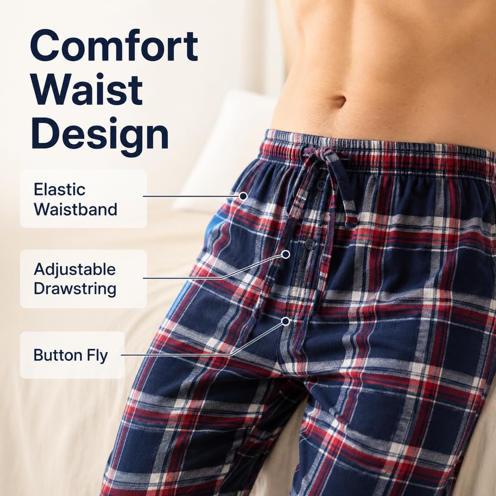 JTPW Herren 100% Baumwolle Flanell Bequeme Pyjama/Lounge Bottoms mit Taschen S Blue White Plaid, S B