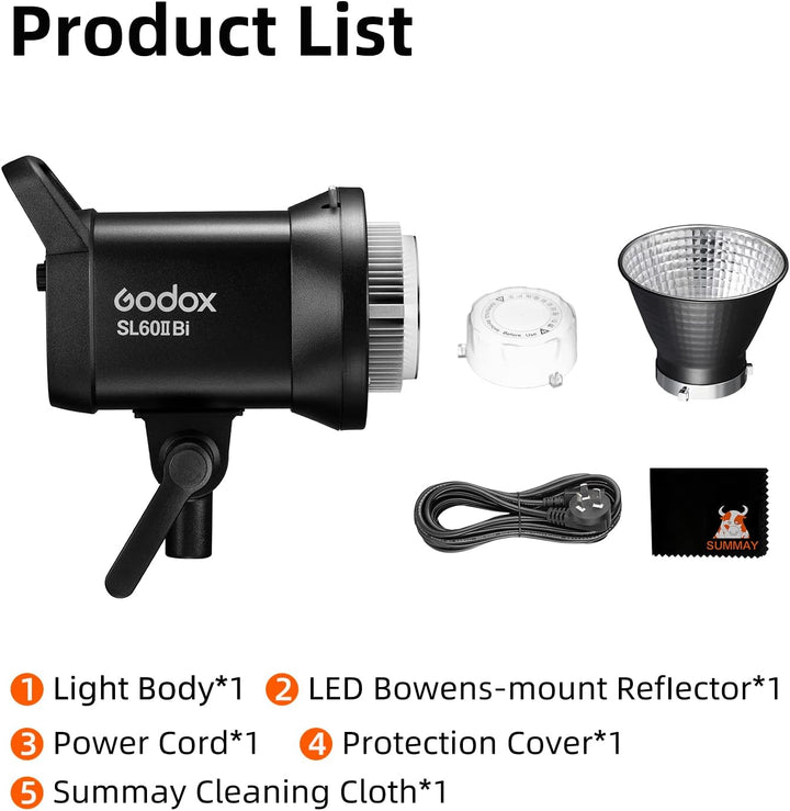 Godox SL60IIBi 75W LED-Dauervideoleuchte, Bowens-Halterung 25100 Lux @5600K, Zwei Farbtemperaturen,