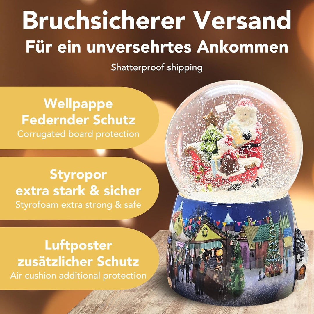 Schneekugel Weihnachten Spieluhr | Christmas Shopping Weihnachtsmarkt Weihnachtsmann | Sockel mit Po