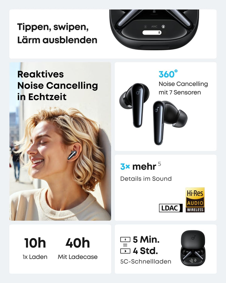 soundcore Liberty 4 Pro von Anker, Kabellose Noise Cancelling Kopfhörer, Earbuds mit 7 Sensoren, ANC