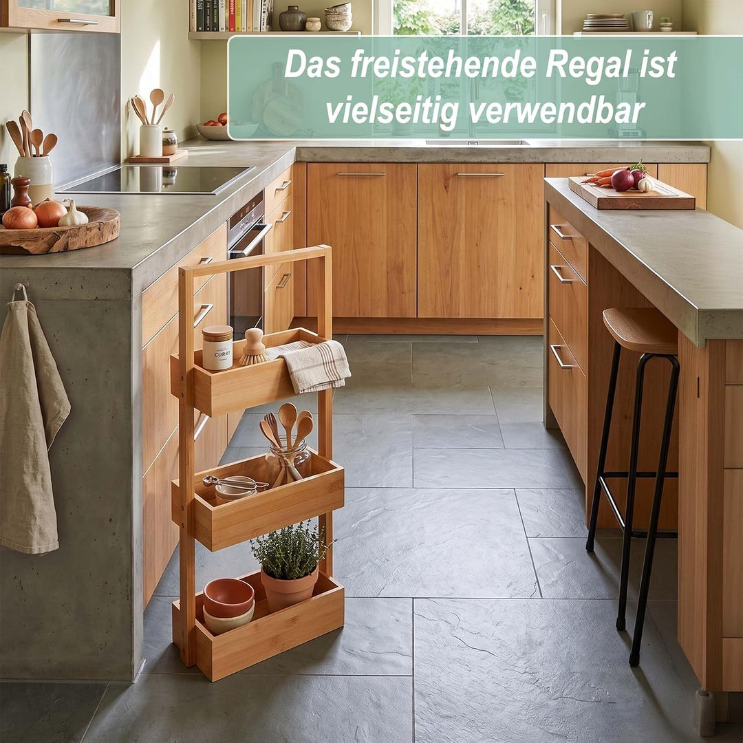 Relaxdays Badregal, mit 3 Ablagen, HxBxT: 70 x 26 x 17 cm, Standregal für Badezimmer &amp; Küche, Bambus
