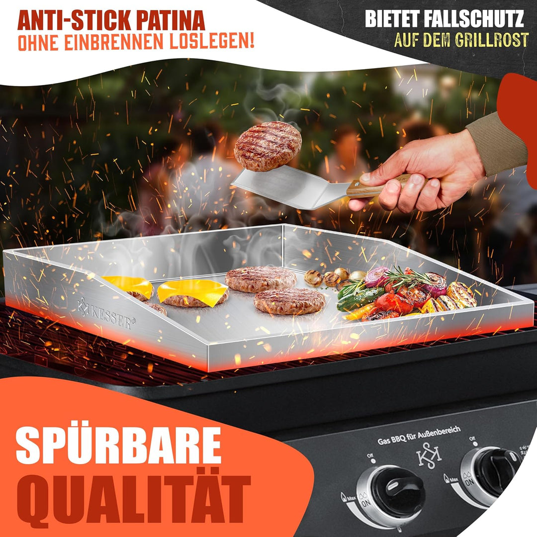 KESSER® Grillplatte Plancha aus Edelstahl 40x30cm rostfrei mit Fettablauf, hitzebeständig bis 800°C