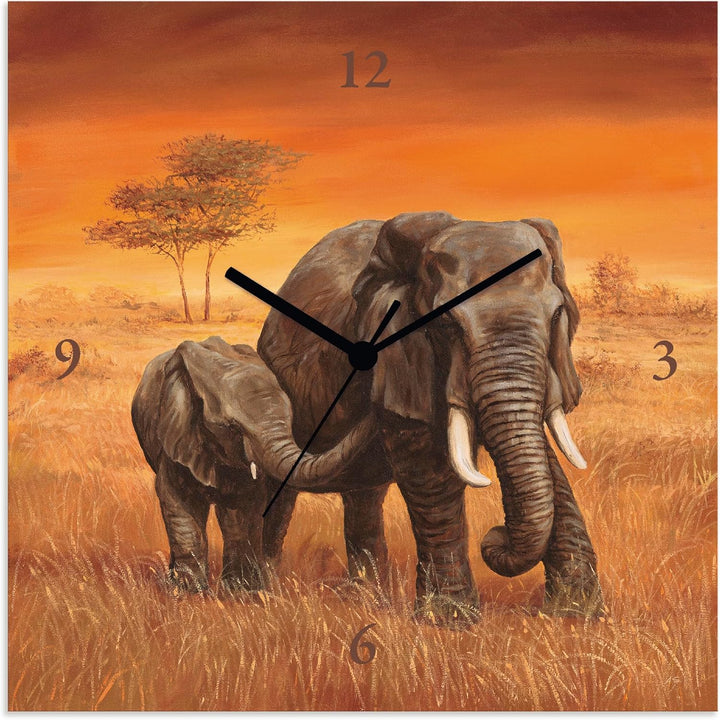 ARTLAND Wanduhr ohne Tickgeräusche Leinwand Quarzuhr 30x30 cm Quadratisch Lautlos Afrika Elefant Tie