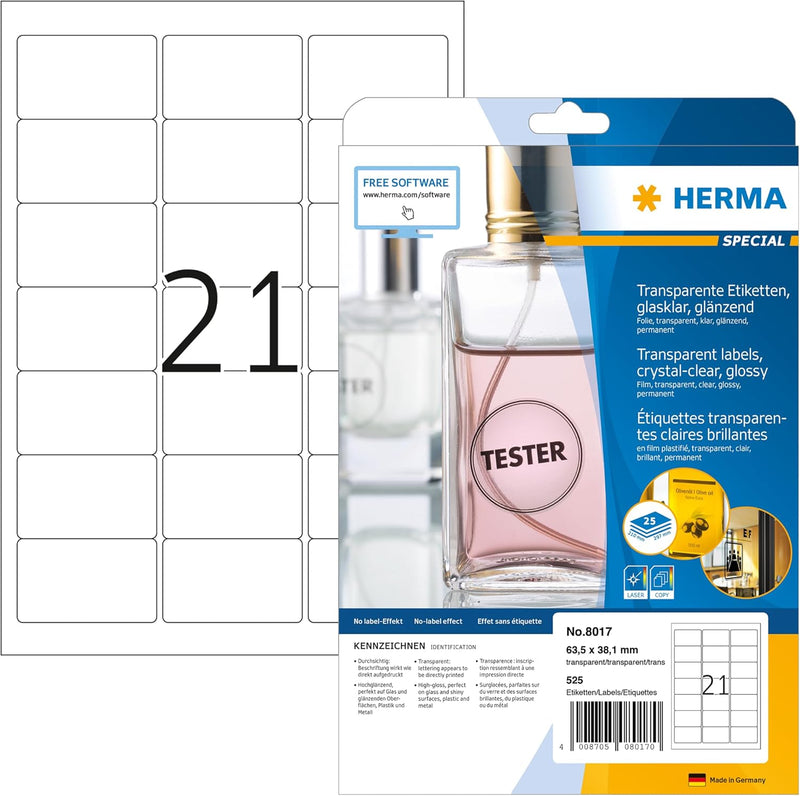 HERMA 8017 Wetterfeste Folienetiketten transparent, 25 Blatt, 63,5 x 38,1 mm, 21 Stück pro A4 Bogen,