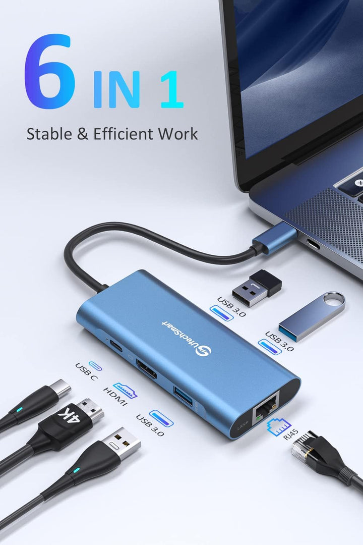 USB C Hub, UtechSmart 6 in 1 USB C zu HDMI Adapter mit 1000M Ethernet, PD 100W Ladeanschluss, 3 USB