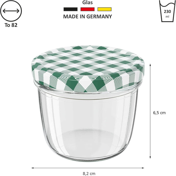 WELLGRO® Einmachgläser mit Schraubdeckel - 230 ml, 8,5 x 6,5 cm (ØxH), Glas/Metall, rot karierte Dec