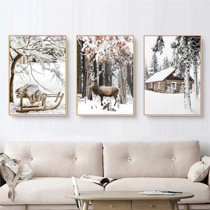 TROYSINC 3er Premium Poster Set, Winter Bilder, Elch, Holzhaus, Wald Wandkunst Wandbilder, Leinwand