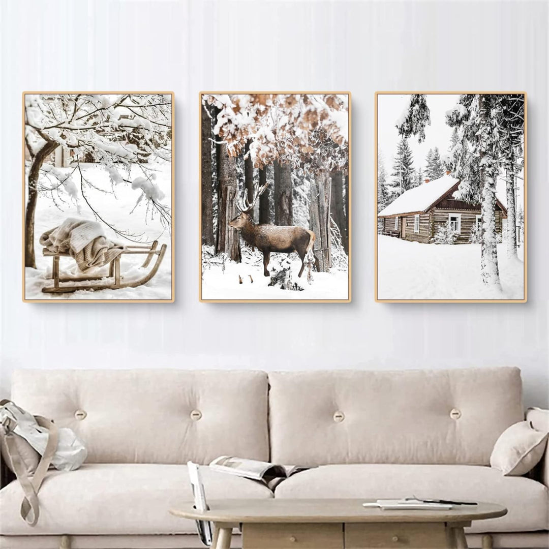 TROYSINC 3er Premium Poster Set, Winter Bilder, Elch, Holzhaus, Wald Wandkunst Wandbilder, Leinwand