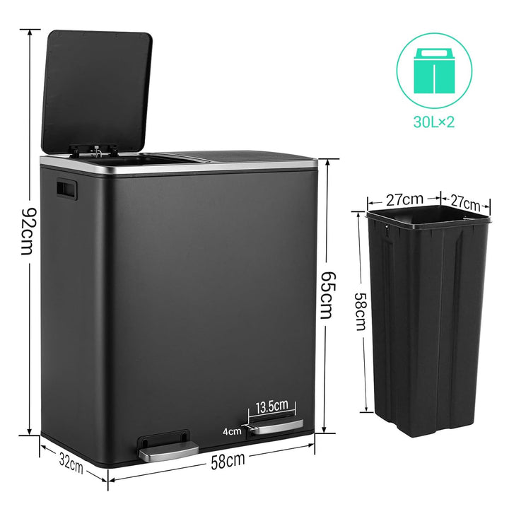 LIFERUN Mülleimer 2 Fächer, Abfalleimer Küche 60L (2x 30 Liter), aus Metall, mit Softclose Deckel, 2