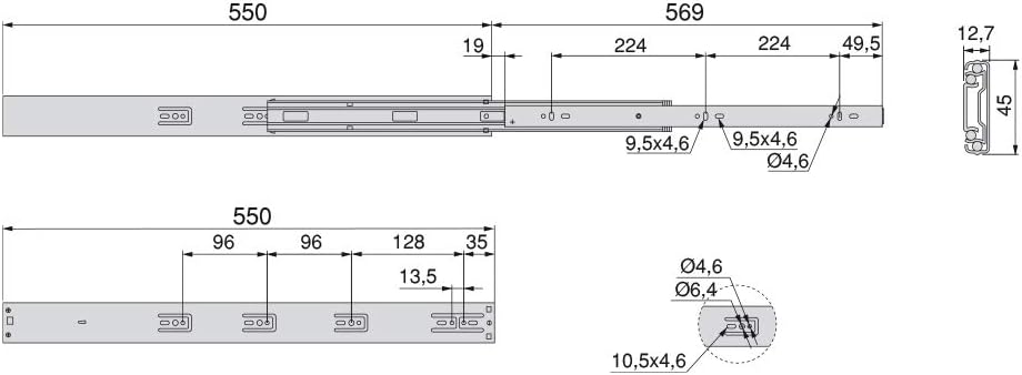 Emuca Seitliche Führungen für Schubladen mit Kugellager 45 mm x 550 mm;5 Stück L 550mm Verzinkt, L 5
