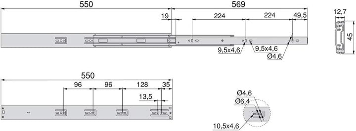 Emuca Seitliche Führungen für Schubladen mit Kugellager 45 mm x 550 mm;5 Stück L 550mm Verzinkt, L 5