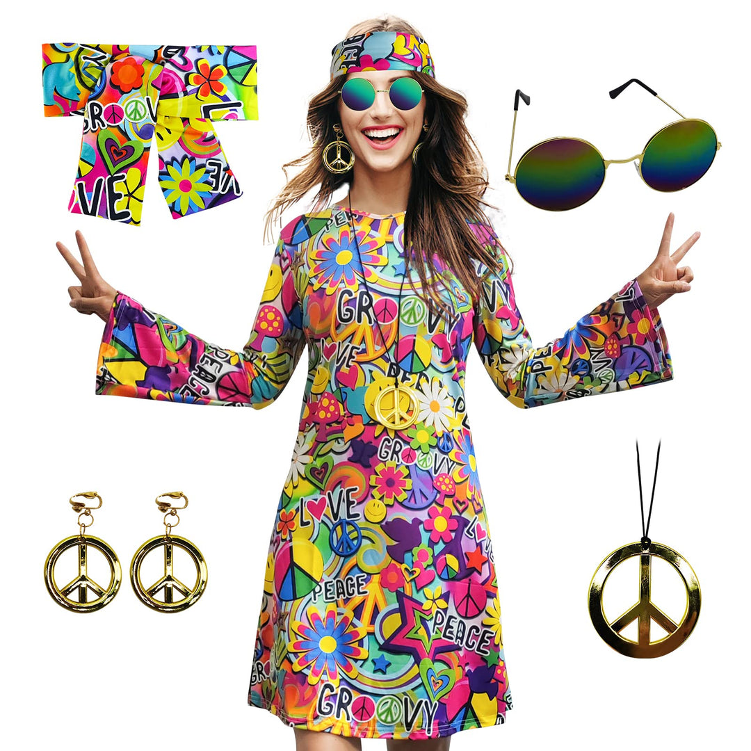 MRYUWB Damen-Hippie-Kleid, 1970er-Kostüm, mit Halskette, Ohrringen, Sonnenbrille, Disco-Outfit, 1960