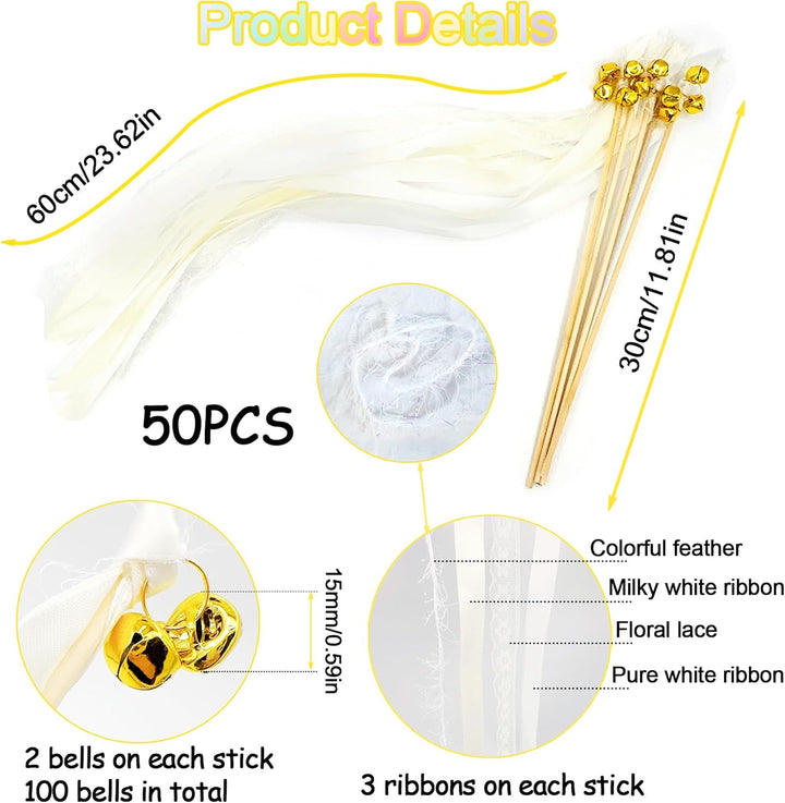 Wedding Wands,50 Stück Stäbe mit 100 Gross Glöckchen und 150 Hochzeitsbändern,Seidenfeenstab,Gastges
