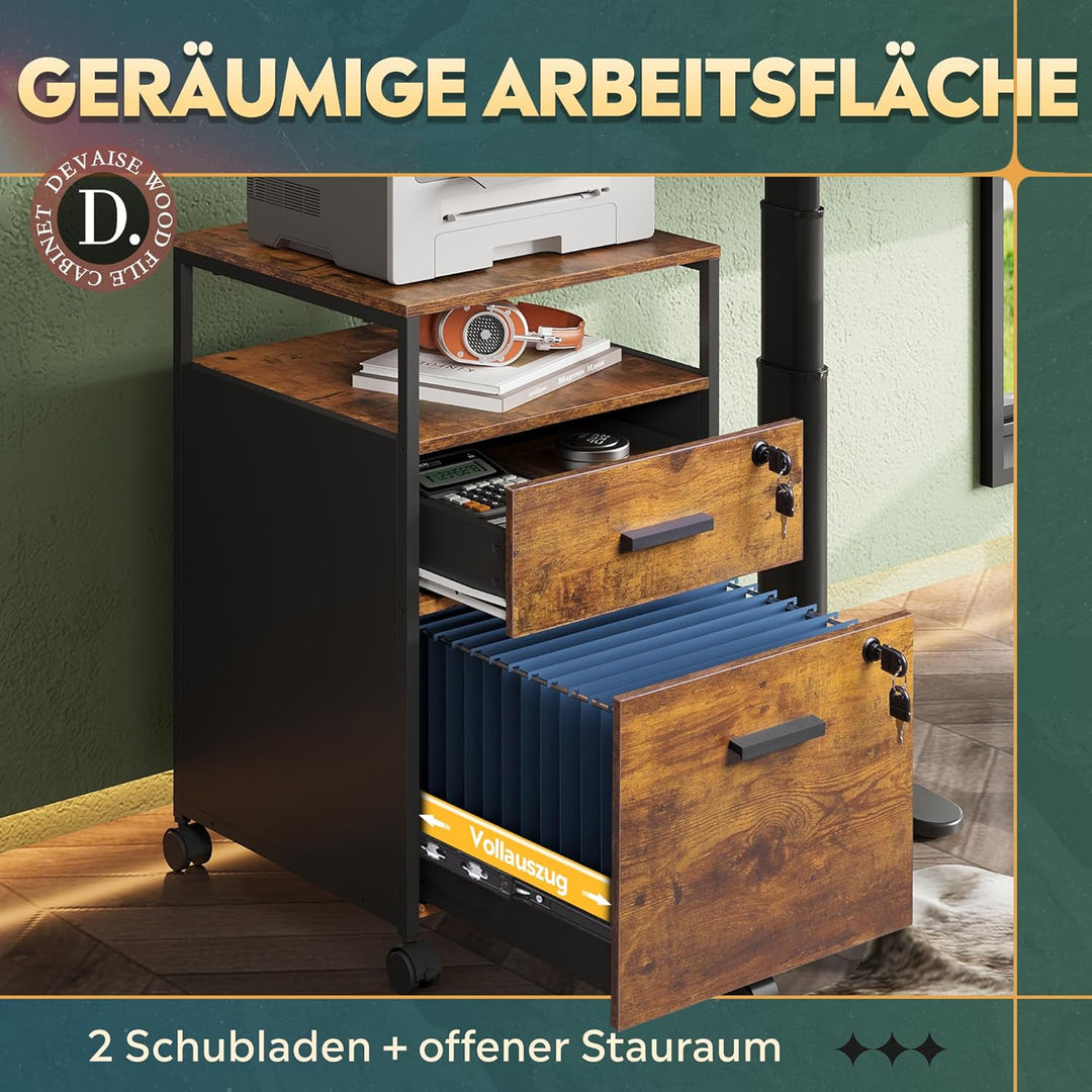 DEVAISE Rollcontainer mit 2 Schubladen und offenen Ablagen, Mobiler Aktenschrank mit Rollen, Drucker