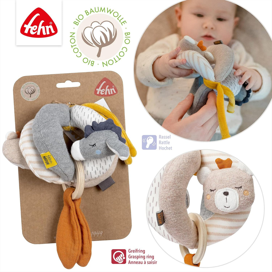 Fehn 052312 Greifball Esel & Teddy NATUR – Motorik-Spielball mit Rassel zum Werfen, Greifen, Rollen
