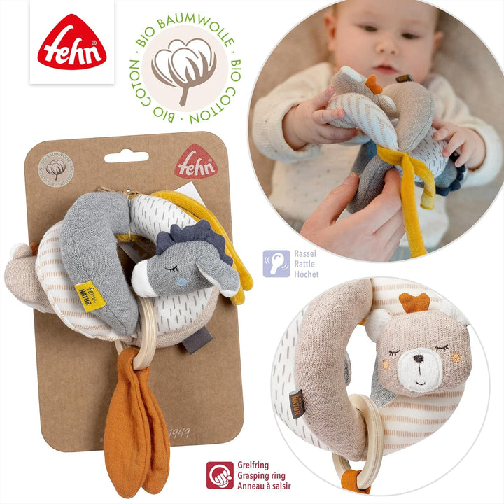 Fehn 052312 Greifball Esel & Teddy NATUR – Motorik-Spielball mit Rassel zum Werfen, Greifen, Rollen