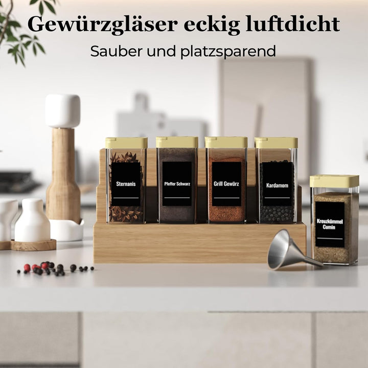 Gewürzgläser Eckig Set mit Deckel [32 x 120ml], 120 Etiketten | Luftdichte Gewürzstreuer mit Streuei
