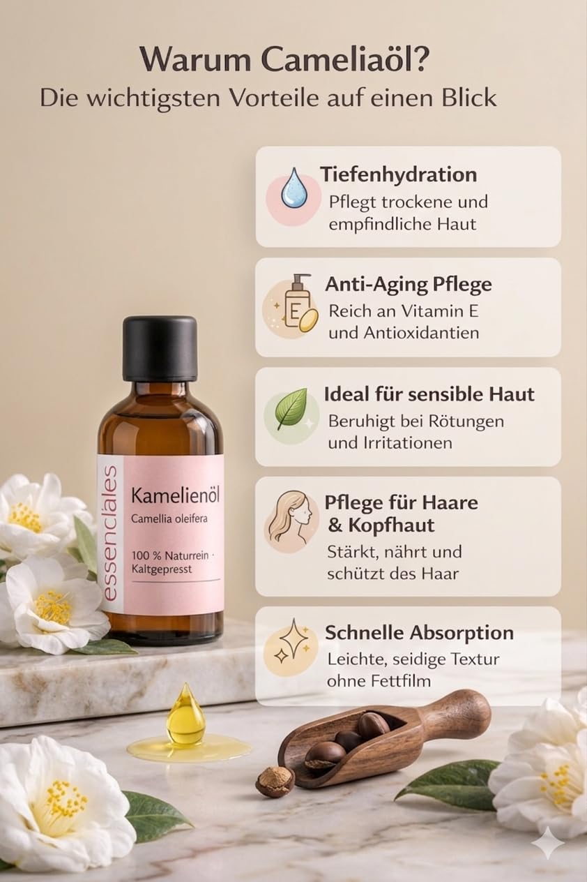 Kamelienöl Bio 100 Prozent Rein Kaltgepresst + Camellia Oleifera Öl Für Hautpflege Anti Aging Und Ha