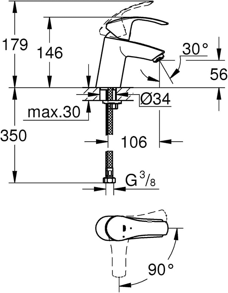 GROHE Eurosmart | Badarmatur - Waschtischbatterie | glatter Körper, S-Size | 32154002, Chrome S glat