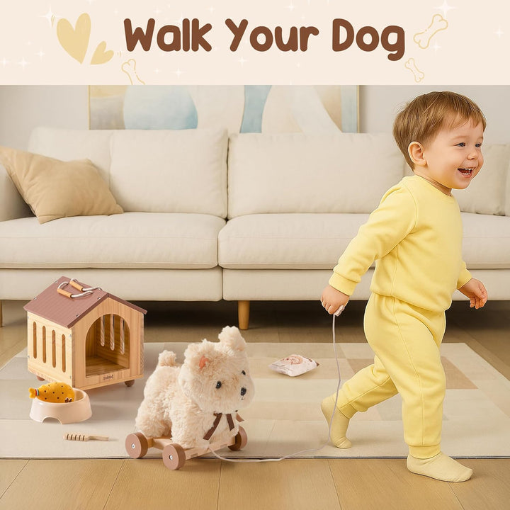 ROBUD Hund Spielzeug Kinder, 2-in-1 Nachziehtiere Spielzeug & Tierpflege Rollenspielset mit Holz Hun