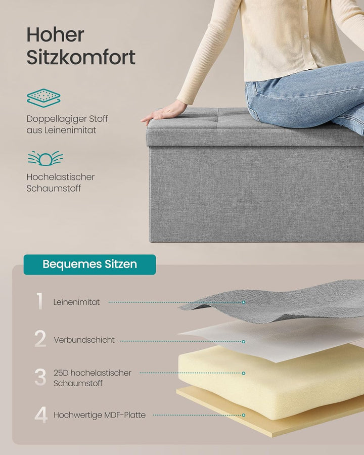 SONGMICS Sitzhocker mit Stauraum, klappbare Sitzbank, 38 x 110 x 38 cm Fussbank, Aufbewahrungsbox, b